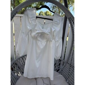 Exlura White Lantern Sleeve Mini Dress Square‎ Neck Bow Size Large